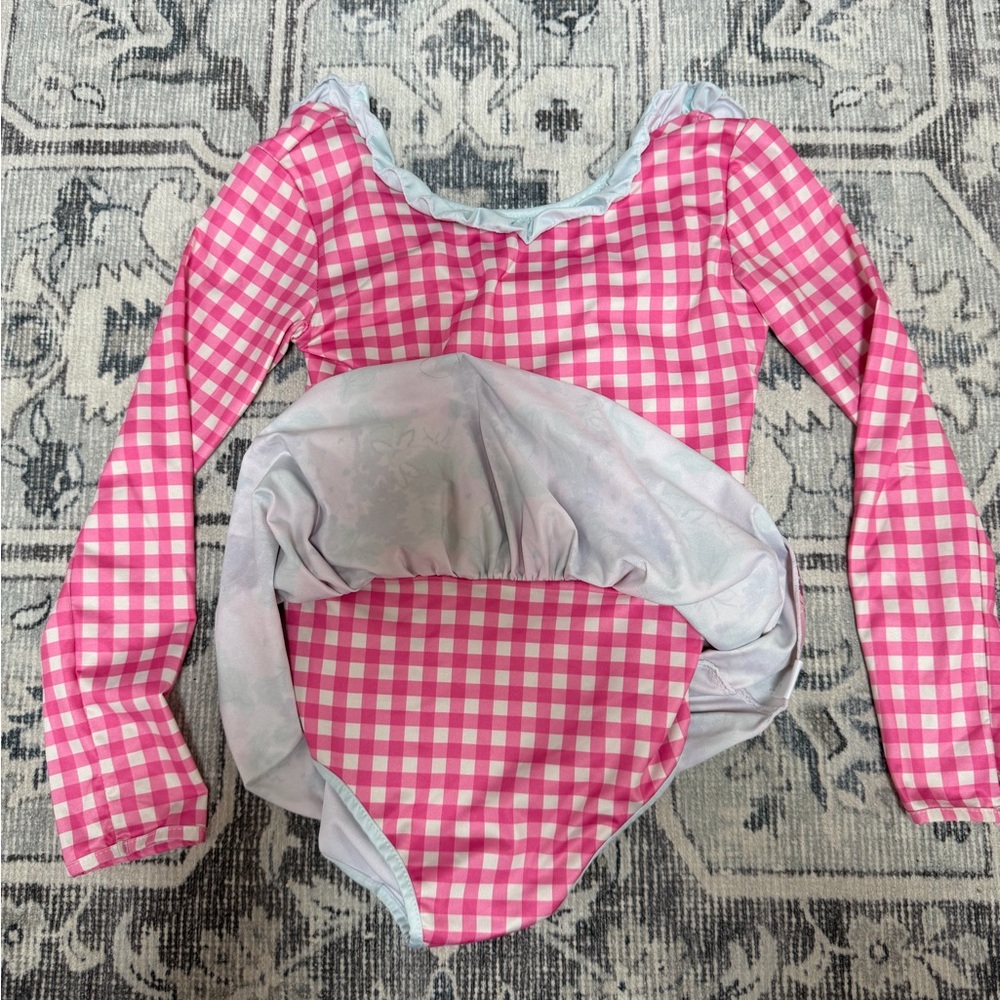 SweetHoney Pink Gingham Long-Sleeve Rash Guard with Floral Skirt - Picture 2 of 4